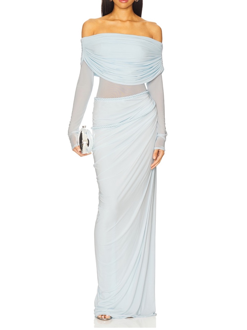 DEME by Gabriella Bella Gown in Baby Blue Off-Shoulder Draped Long-Sleeve